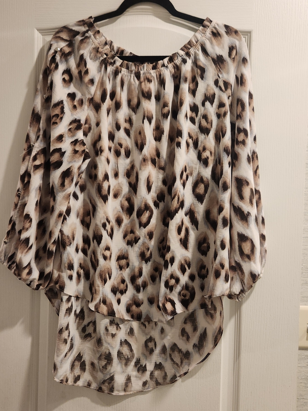 Cato Leopard Print Peasant Top - Brown & White L Euc